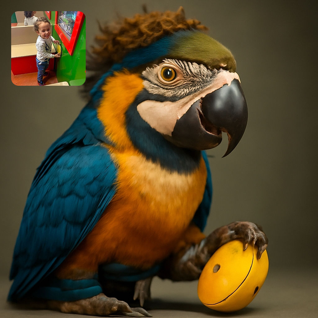 A cheerful little boy with curly hair is caught mid-laugh while playing with a colorful spinning toy mounted on a bright green wall in a playful indoor setting. His reflection in the glass panel adds a fun twist, and the vibrant red and green surroundings create a lively backdrop.
