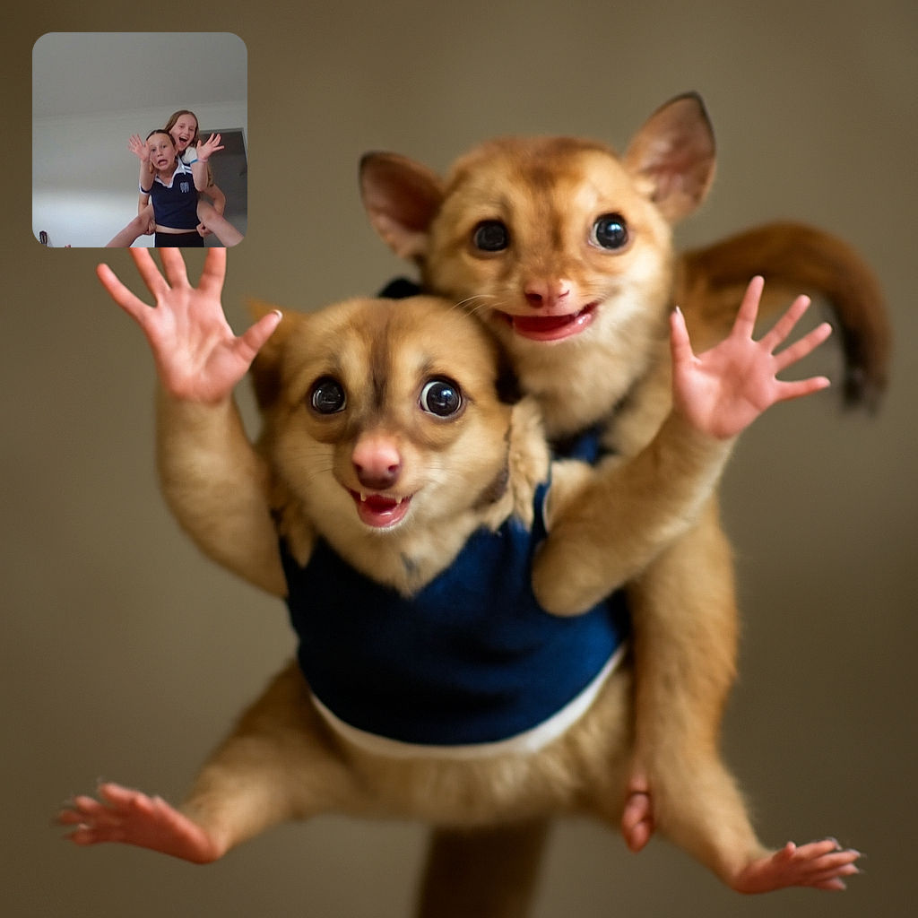 Two kids are goofing around indoors, one giving the other a piggyback ride with exaggerated surprised and happy expressions, while a guitar and some household items are visible in the background.
