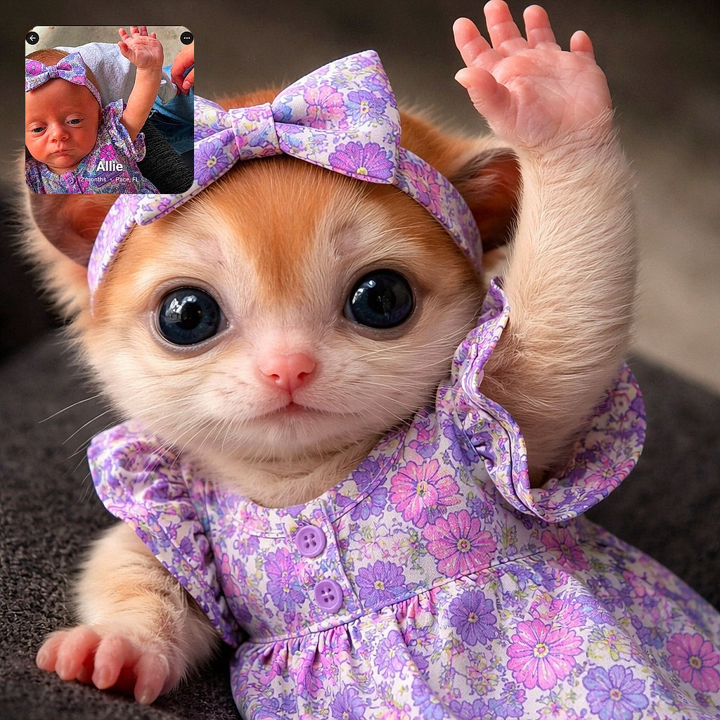 A close-up photo of a serious-looking baby wearing a colorful floral headband and matching outfit, raising one arm. The baby is resting on a white cloth with an adult hand visible in the background. The photo has a text overlay with the name 'Allie' and additional info.