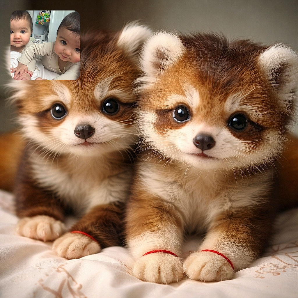 Two adorable babies lying close together on a bed, holding hands and looking curiously at the camera, with a playful toy shelf in the background adding a cozy nursery vibe.