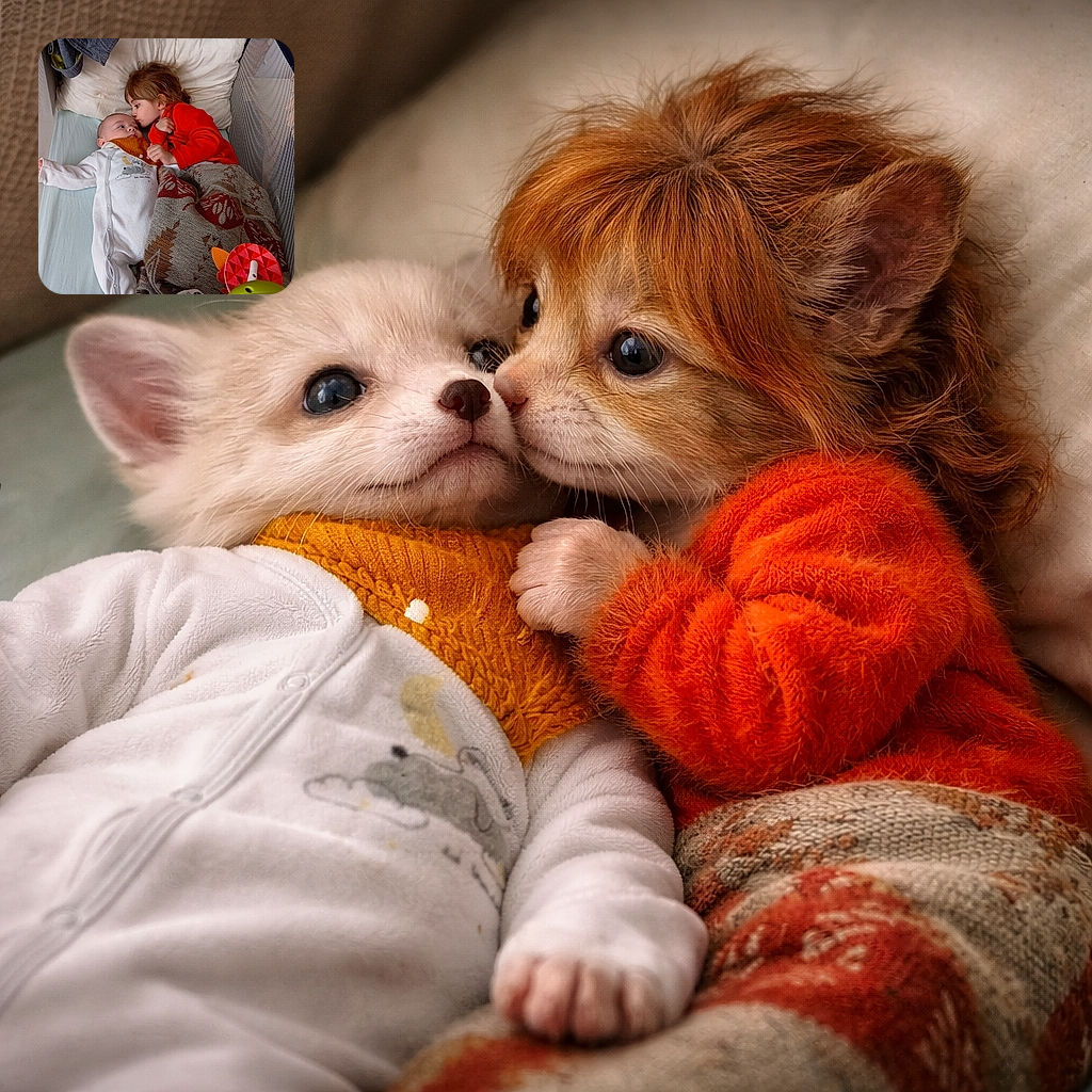 A tender moment: an older child leans in to kiss a baby tucked under a patterned blanket in a playpen — mesh sides, a pillow behind them and a bright toy at the foot. Cozy, candid, and slightly conspiratorial, like an official sibling cuddle inspection.
