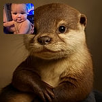A chubby-cheeked baby with big curious eyes stares straight into the camera, sitting comfortably in someone's arms with a cozy living room and a colorful TV screen in the background.