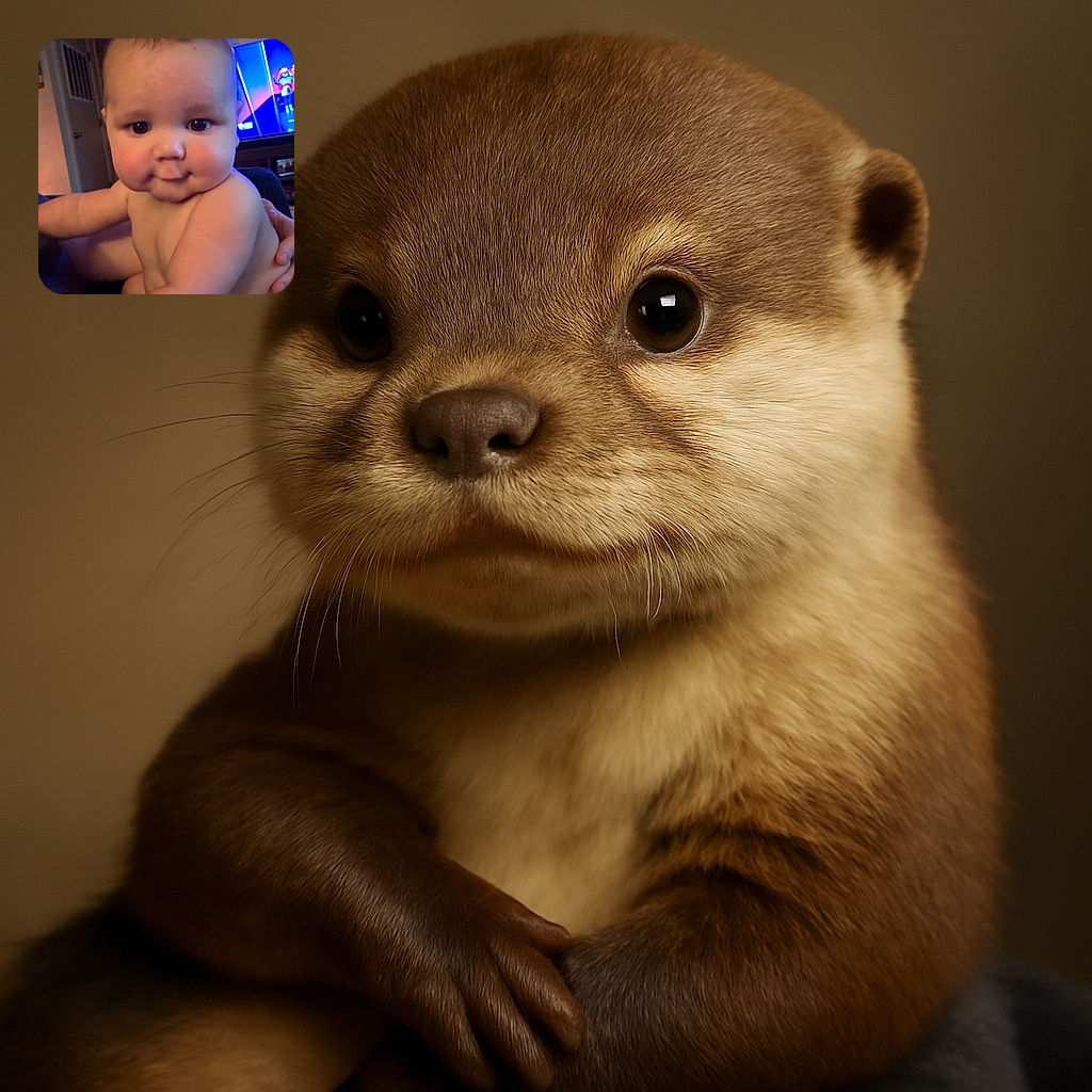 A chubby-cheeked baby with big curious eyes stares straight into the camera, sitting comfortably in someone's arms with a cozy living room and a colorful TV screen in the background.