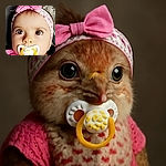 A close-up portrait of an adorable baby with big brown eyes, a pink headband with a bow, and a pacifier in their mouth, gazing curiously with wide-eyed innocence.