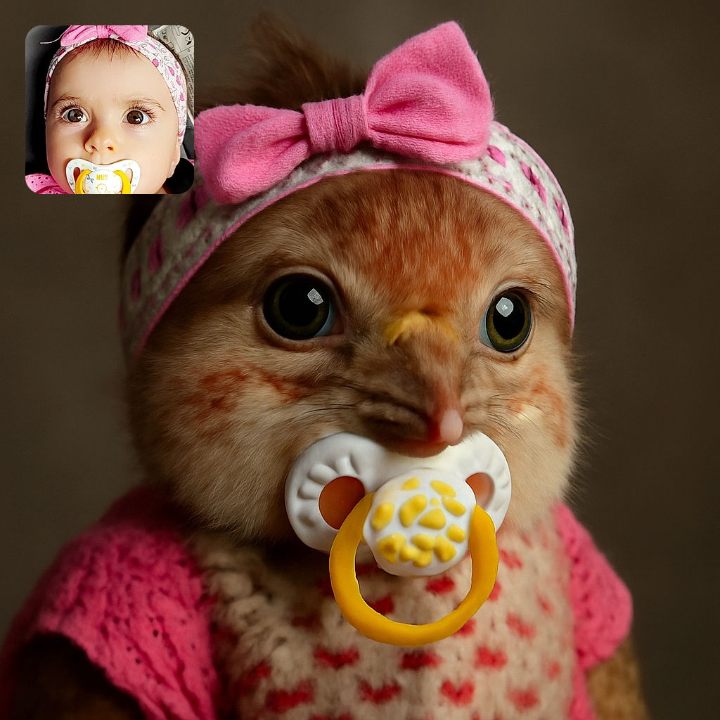 A close-up portrait of an adorable baby with big brown eyes, a pink headband with a bow, and a pacifier in their mouth, gazing curiously with wide-eyed innocence.