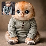 A wide-eyed infant in a gray ribbed onesie sits upright on a textured brown couch, staring straight at the camera with chubby cheeks and tiny socked feet—part surprised philosopher, part marshmallow mascot.