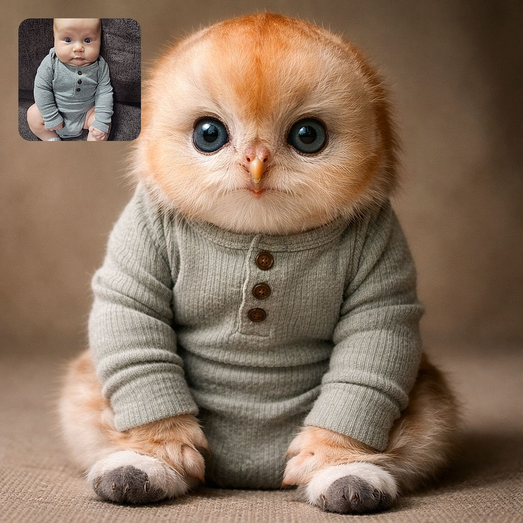 A wide-eyed infant in a gray ribbed onesie sits upright on a textured brown couch, staring straight at the camera with chubby cheeks and tiny socked feet—part surprised philosopher, part marshmallow mascot.