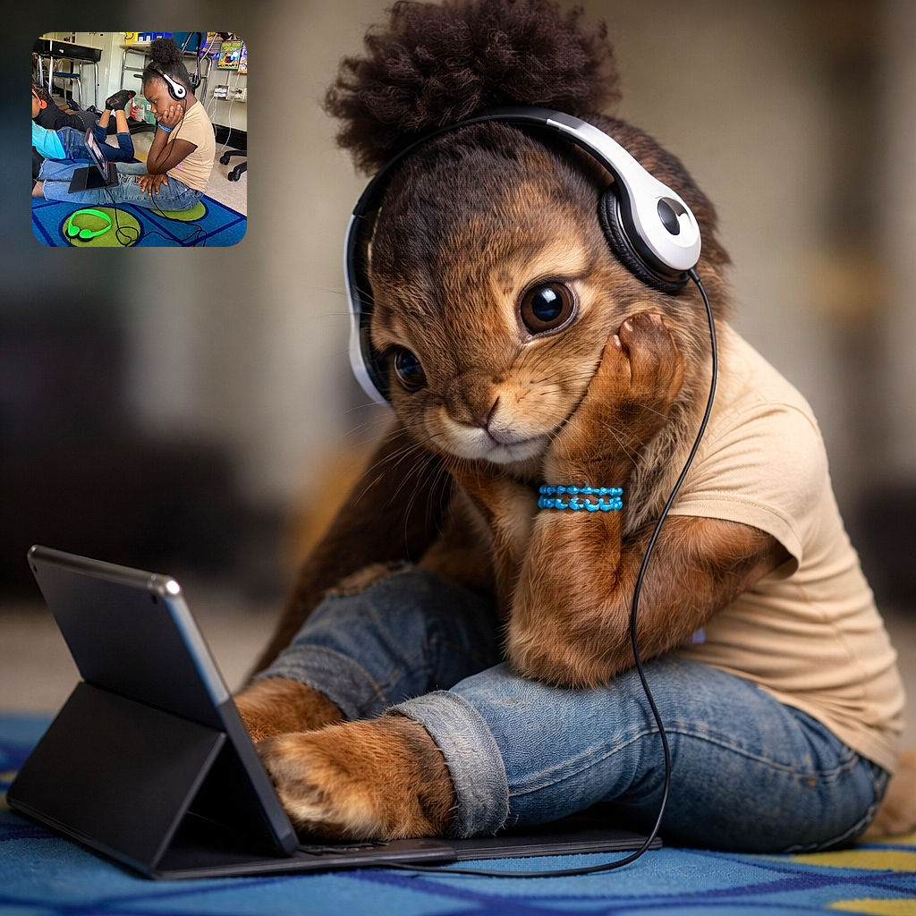 Three kids are cozily sprawled on a colorful classroom rug, each deeply engrossed in their own tablet adventures, sporting headphones like mini DJs at a tech party. The classroom backdrop is filled with cheerful posters and chairs, adding to the lively learning vibe.