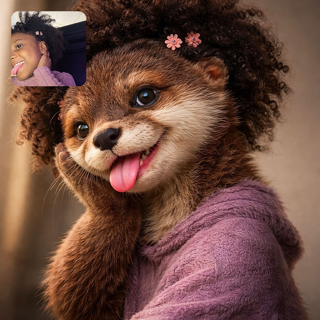 A playful child with curly hair adorned with pink flower clips sticks out their tongue cheekily while resting a hand on their neck, dressed in a cozy purple sweater with a softly lit indoor background.