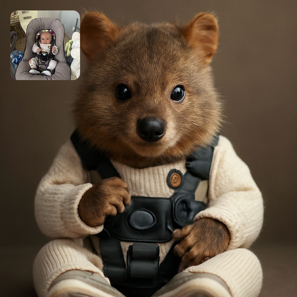 A wide-eyed baby sits snugly in a cushioned baby seat, strapped in securely with a pacifier resting in the harness. The baby wears a cozy knitted outfit with a lion patch, looking curiously at the camera. The background shows a chair and some household items, giving a warm, everyday vibe.