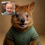 A joyful toddler with a big smile wearing a green shirt that says 'smile today' is front and center, while a woman with dark hair peeks in from a video call window at the top right, both sharing a happy moment indoors.