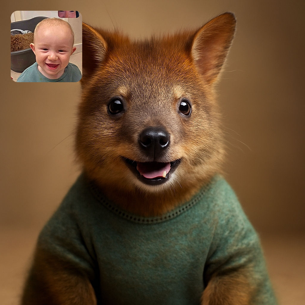 A joyful toddler with a big smile wearing a green shirt that says 'smile today' is front and center, while a woman with dark hair peeks in from a video call window at the top right, both sharing a happy moment indoors.