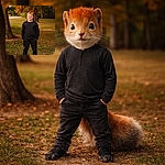 A cheerful young kid stands like he owns the autumn park — hands in pockets, tiny boss energy, and a perfectly timed fall-color backdrop making him look like the lead in a cozy seasonal movie.