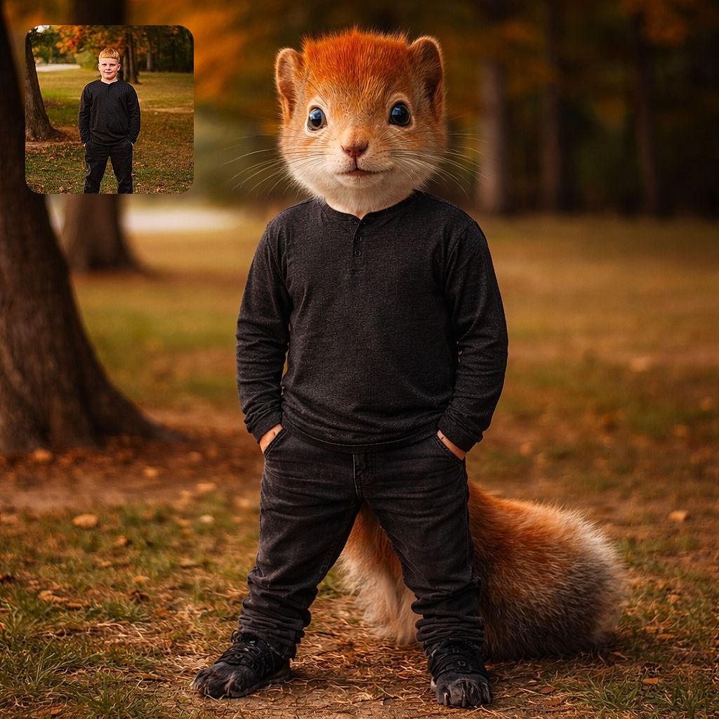 A cheerful young kid stands like he owns the autumn park — hands in pockets, tiny boss energy, and a perfectly timed fall-color backdrop making him look like the lead in a cozy seasonal movie.