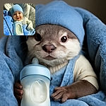 A delightful baby bundled in cozy blue blankets and a matching hat, smiling sweetly while nestled in a cushioned baby seat with a milk bottle resting on the blanket, radiating warmth and comfort.