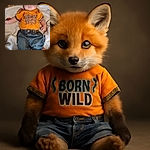 A chubby-cheeked baby lies on a cozy blanket with a serious expression, wearing a bright orange 'Born Wild' t-shirt and rolled-up denim jeans, surrounded by soft textures and a small toy.