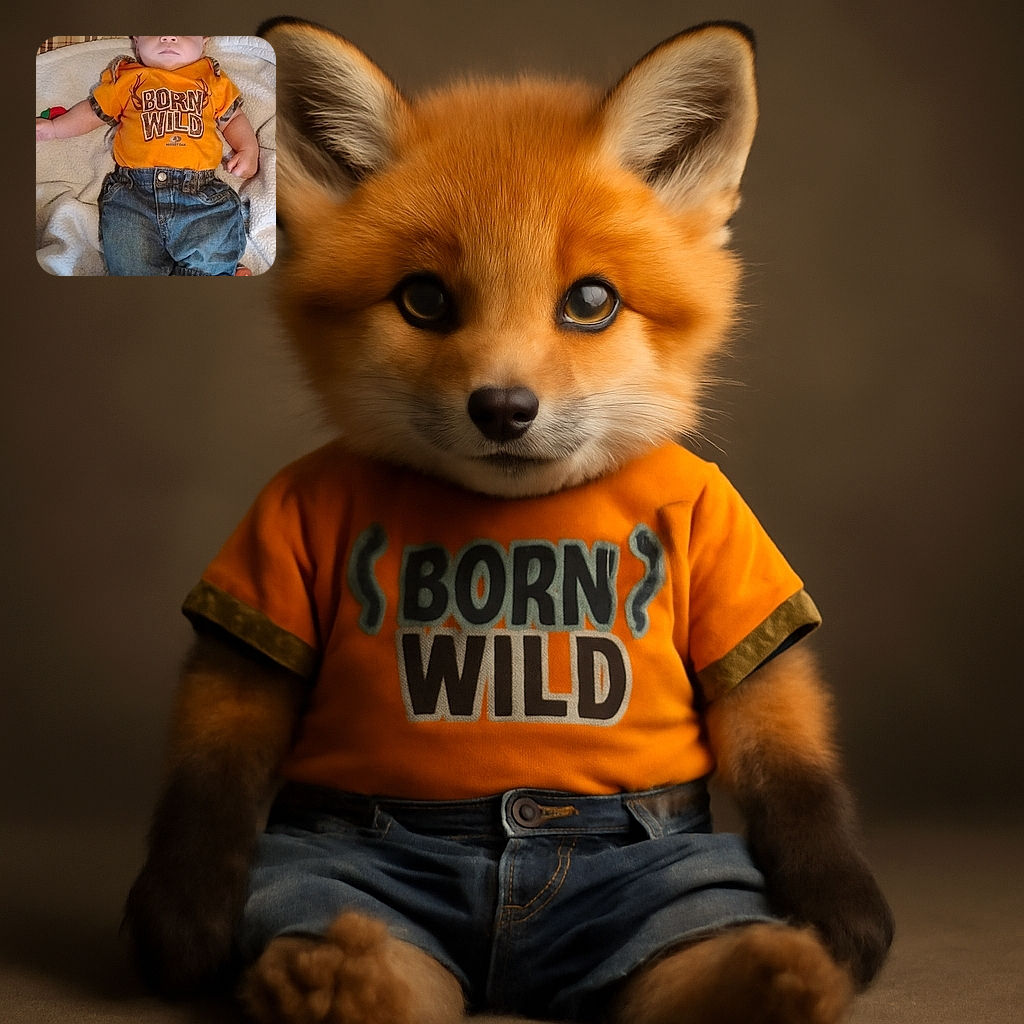 A chubby-cheeked baby lies on a cozy blanket with a serious expression, wearing a bright orange 'Born Wild' t-shirt and rolled-up denim jeans, surrounded by soft textures and a small toy.