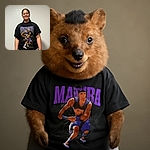 A cheerful young person stands confidently against a plain wall, wearing a bold Kobe Bryant graphic t-shirt and gray sweatpants, radiating positive vibes with a bright smile and relaxed pose.