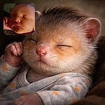 A tiny newborn snoozes like a content dumpling—eyes closed, little hand tucked by the cheek, soft onesie visible and a colorful heart sticker stuck near the lower corner. The background shows blinds and dim indoor lighting, making the baby the irresistible center of the photo.