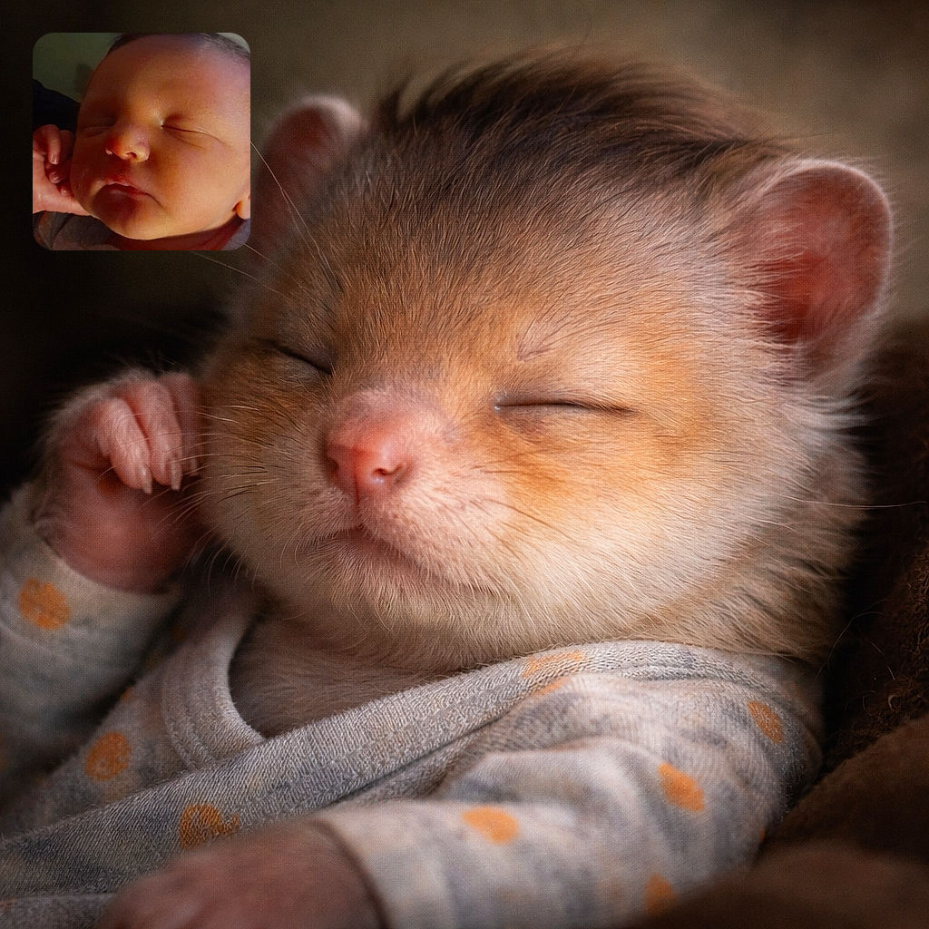 A tiny newborn snoozes like a content dumpling—eyes closed, little hand tucked by the cheek, soft onesie visible and a colorful heart sticker stuck near the lower corner. The background shows blinds and dim indoor lighting, making the baby the irresistible center of the photo.