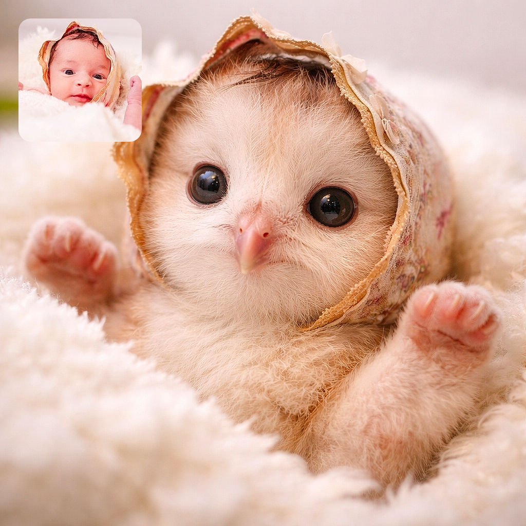 A tiny newborn peeks out from a cloud of fluffy blanket, wearing a delicate headscarf like royalty on nap duty — eyes wide and curious, little fists up as if to say "I woke up fabulous." The soft, warm lighting and plush bedding give the whole scene a dreamy, cuddle-ready vibe.