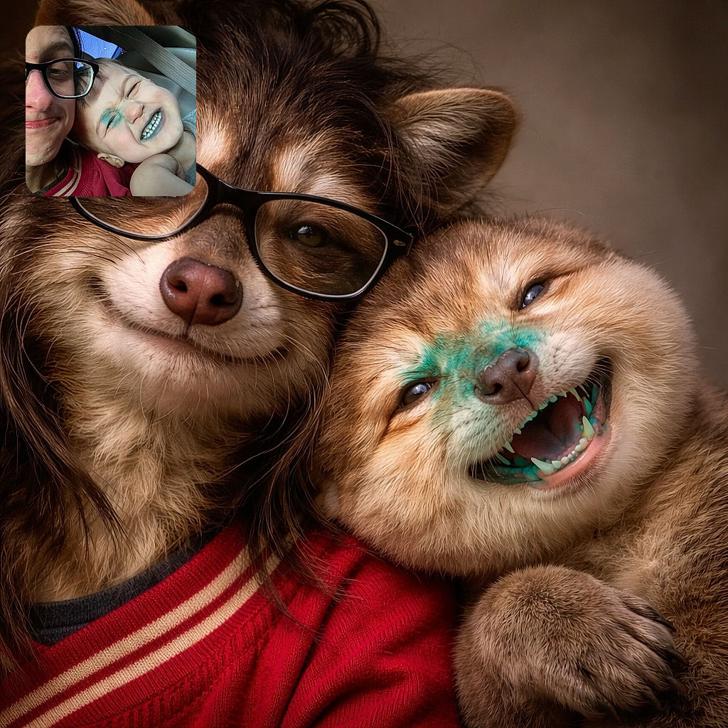 A close-up car selfie: an adult in glasses squeezes in while a little one grins like a mischievous marker bandit — blue scribbles decorate the child's nose and mouth as they squint and flash a big toothy smile, seatbelt visible and cozy chaos all around.