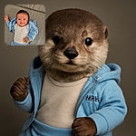 A charming baby lies on a cozy textured couch, wearing a cute blue outfit with a white onesie underneath. The baby flashes a sweet smile, eyes wide and curious, capturing hearts with an irresistible blend of innocence and joy.