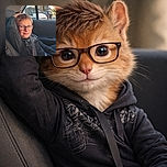 A relaxed young boy with glasses lounges comfortably in the backseat of a car, casually resting his arm on his head while wearing a seatbelt. The warm sunlight filters through the window, casting a gentle glow on his face and highlighting his calm smile. Outside the window, a slightly blurred street scene with cars and trees adds depth to the cozy moment.