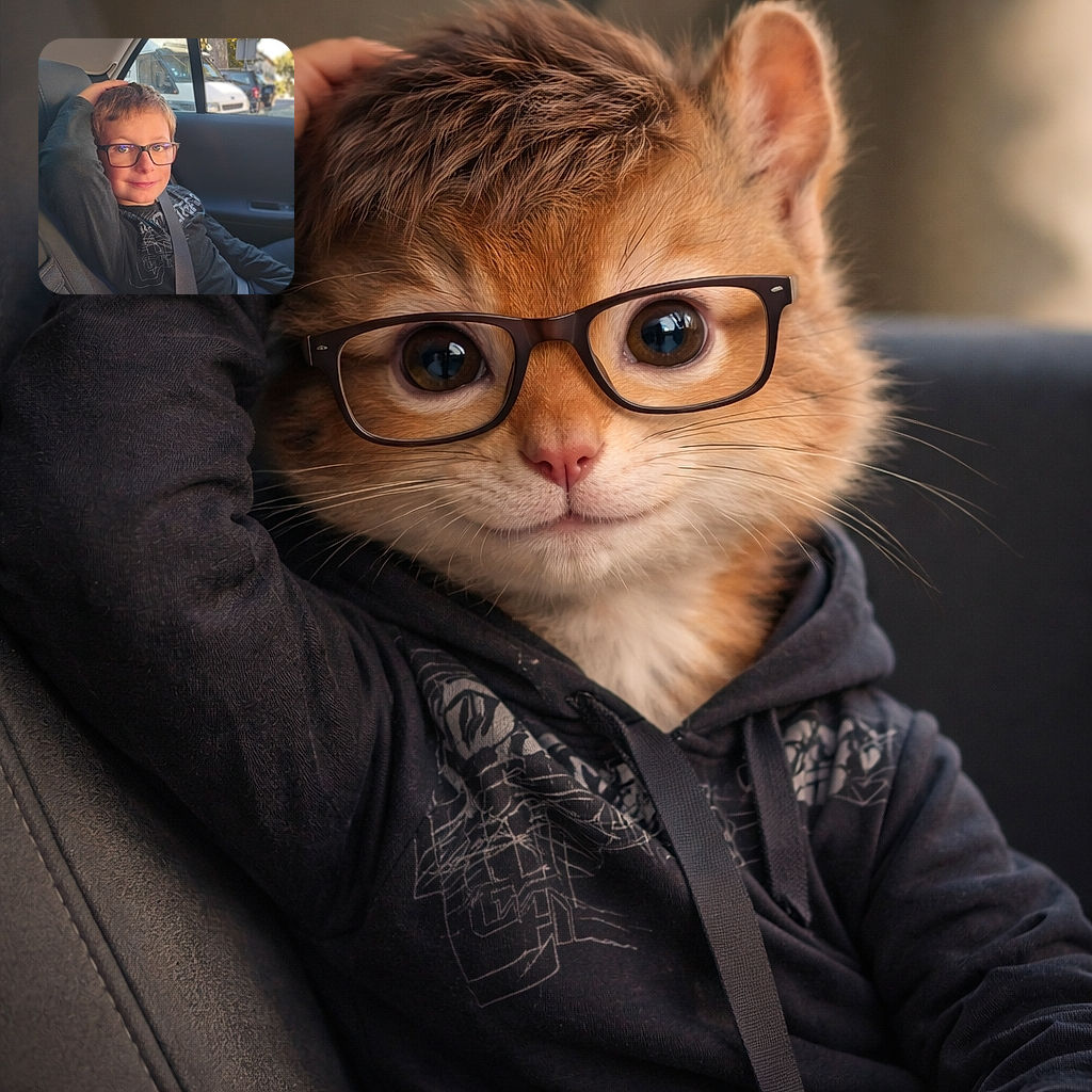 A relaxed young boy with glasses lounges comfortably in the backseat of a car, casually resting his arm on his head while wearing a seatbelt. The warm sunlight filters through the window, casting a gentle glow on his face and highlighting his calm smile. Outside the window, a slightly blurred street scene with cars and trees adds depth to the cozy moment.