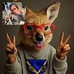 A playful child with bright red glasses sticks out their tongue and flashes two peace signs, wearing a cozy grey sweatshirt with a colorful megaphone graphic and the name 'Kylie'. The background shows a reflective mirror and a tiled floor, adding depth to the cheerful indoor scene.