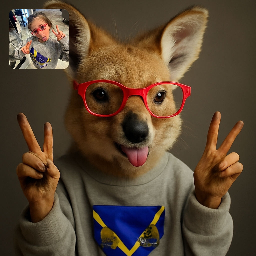 A playful child with bright red glasses sticks out their tongue and flashes two peace signs, wearing a cozy grey sweatshirt with a colorful megaphone graphic and the name 'Kylie'. The background shows a reflective mirror and a tiled floor, adding depth to the cheerful indoor scene.
