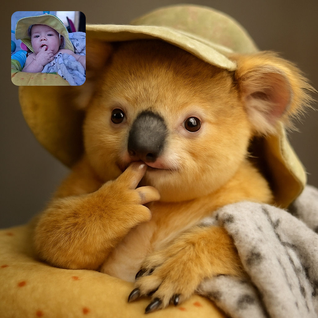 A chubby baby wearing a floppy yellow sunhat is caught mid-teething with fingers in mouth, wrapped snugly in a soft, spotted blanket, surrounded by colorful baby gear in a cozy indoor setting.