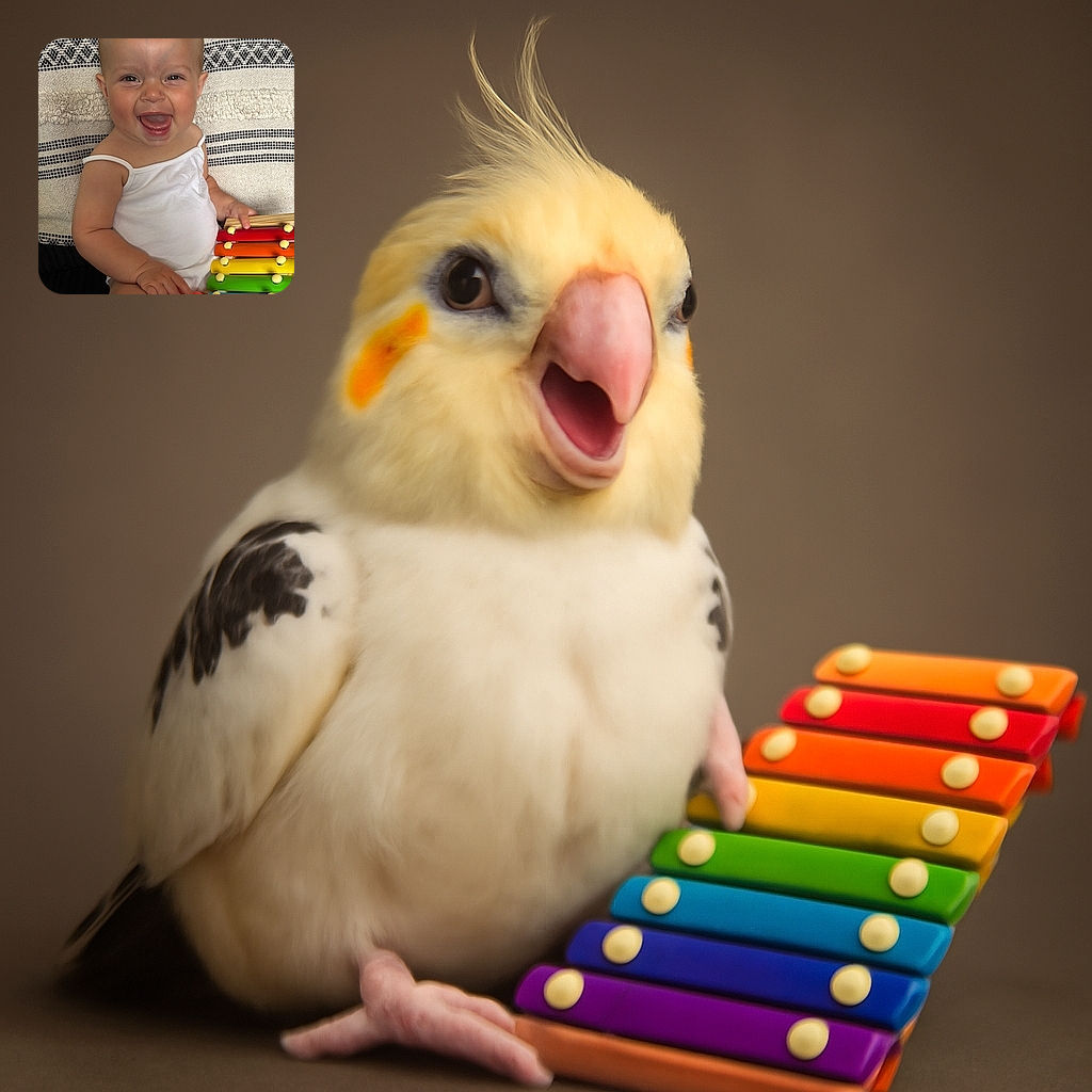 A joyful baby in a white tank top is laughing heartily while sitting on a couch with patterned cushions, holding a colorful xylophone toy that matches the vibrant mood.