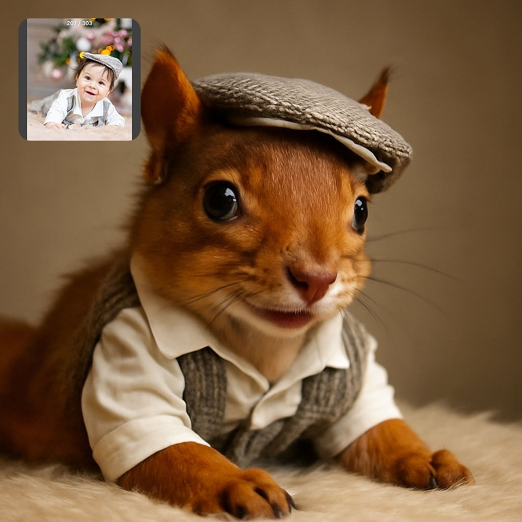 A charming baby dressed in a plaid outfit and matching cap lies on a fluffy rug, smiling brightly with twinkling eyes. The background features soft, warm bokeh lights and festive decorations, adding a cozy holiday vibe.