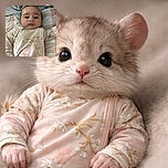 A calm baby lying on a soft quilt, wearing a floral patterned onesie, with a slightly curious expression and big eyes staring directly at the camera.