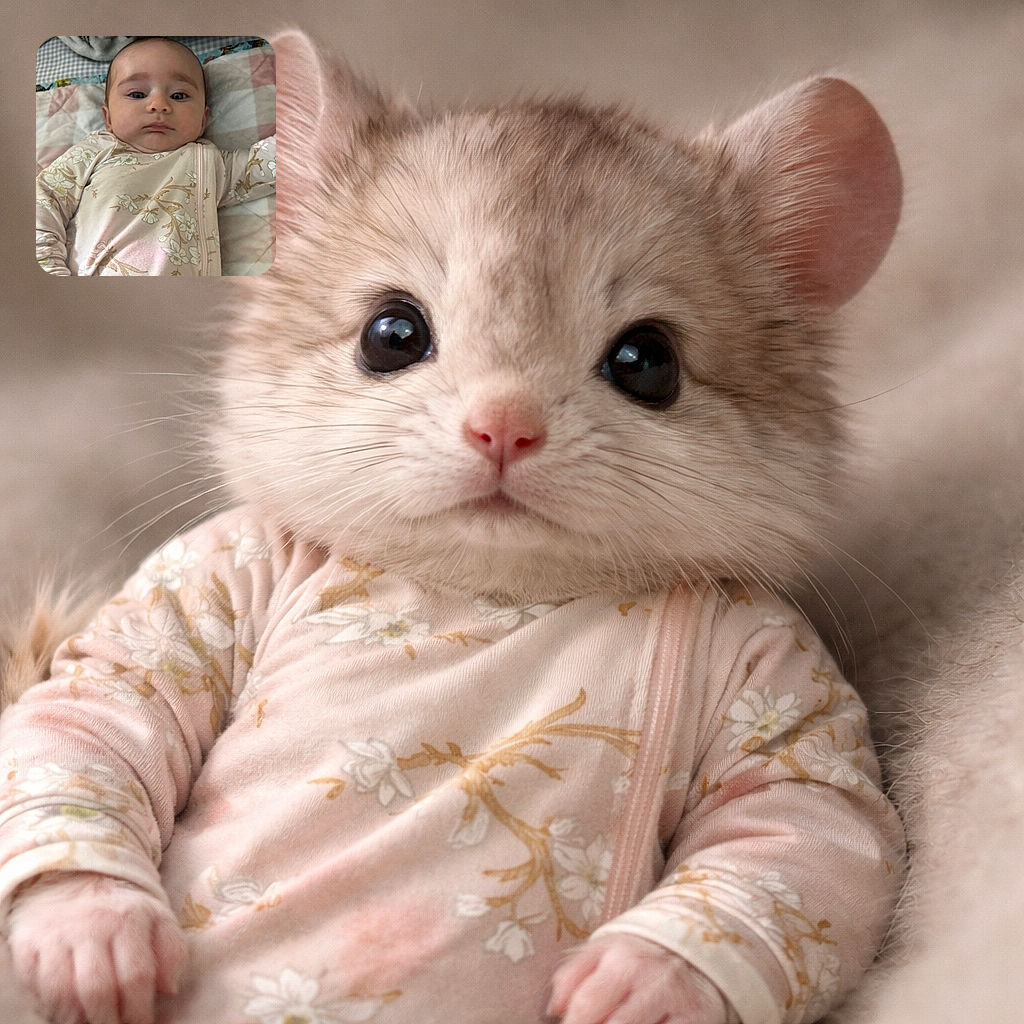 A calm baby lying on a soft quilt, wearing a floral patterned onesie, with a slightly curious expression and big eyes staring directly at the camera.