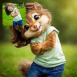 A joyful young child with a big smile and tilted head stands in a lush green park, arms crossed playfully, wearing a light green shirt and blue jeans, radiating pure happiness and innocence.