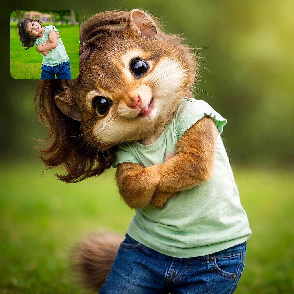 A joyful young child with a big smile and tilted head stands in a lush green park, arms crossed playfully, wearing a light green shirt and blue jeans, radiating pure happiness and innocence.