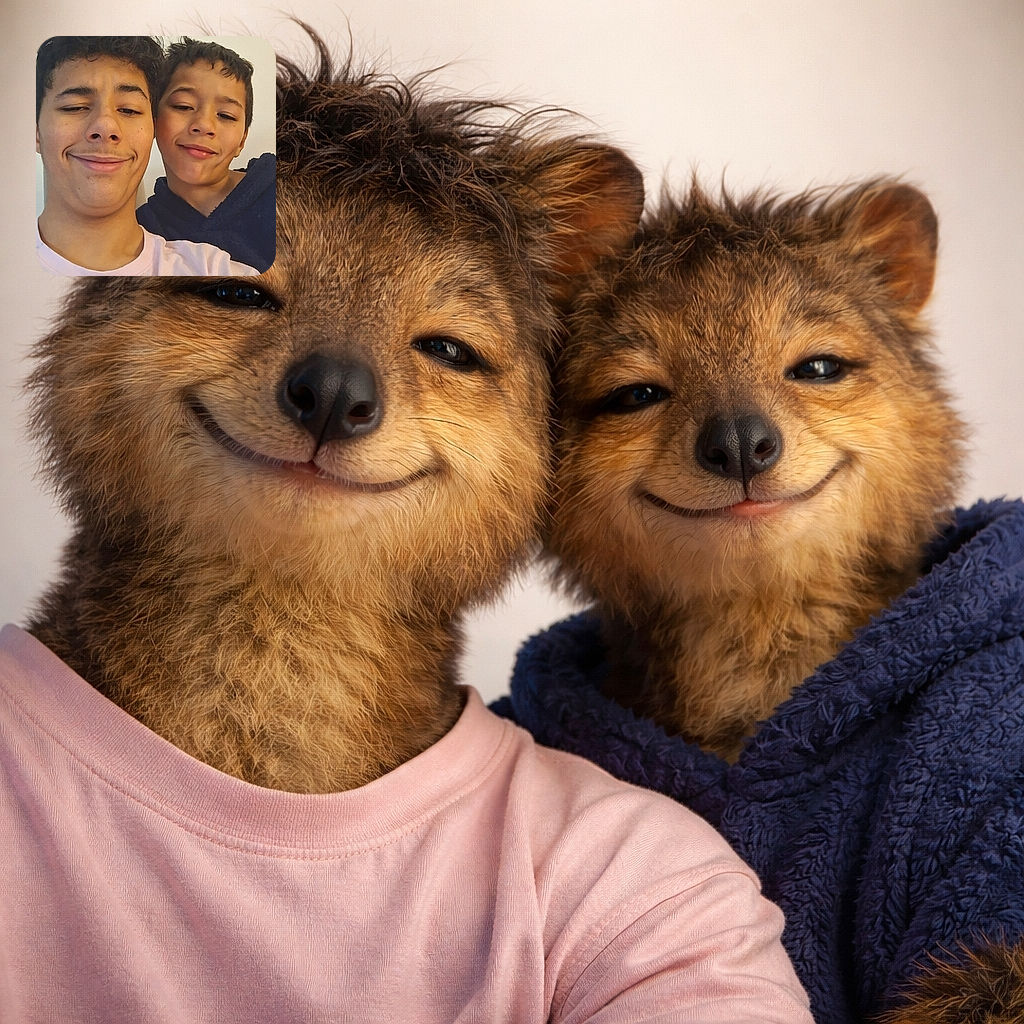 Two young boys with mischievous smiles pose for a casual selfie against a plain wall, one wearing a light pink Nike shirt and the other in a dark hoodie, both rocking slightly messy hair and playful expressions.