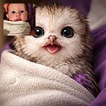 A close-up shot of a wide-eyed baby wrapped snugly in a soft white blanket embroidered with stars and a crescent moon, looking curiously at the camera with a slightly open mouth and a hint of a tongue sticking out.