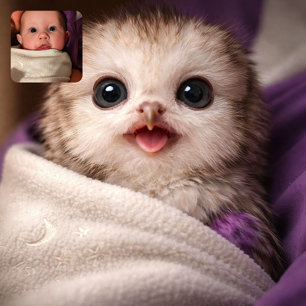 A close-up shot of a wide-eyed baby wrapped snugly in a soft white blanket embroidered with stars and a crescent moon, looking curiously at the camera with a slightly open mouth and a hint of a tongue sticking out.