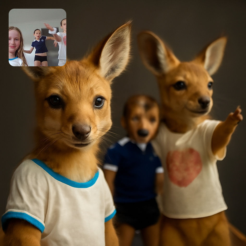 Three young girls indoors, two in mid-motion with arms raised and one smiling directly at the camera, capturing a candid moment of playful energy against a plain background.