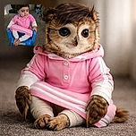 A cute toddler with big curious eyes is sitting comfortably in a bright blue plastic chair, dressed in a pink outfit with white stripes and leggings, while showing off a playful temporary tattoo on the hand. The cozy indoor setting adds a homely vibe with scattered shoes and furniture in the background.