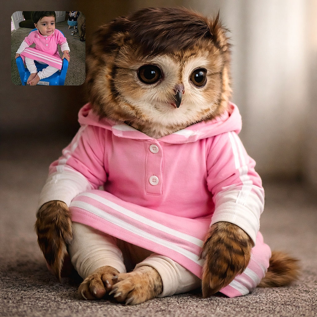 A cute toddler with big curious eyes is sitting comfortably in a bright blue plastic chair, dressed in a pink outfit with white stripes and leggings, while showing off a playful temporary tattoo on the hand. The cozy indoor setting adds a homely vibe with scattered shoes and furniture in the background.