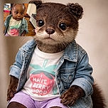 A curious toddler with adorable baby hairs styled in a classroom setting, sporting a denim jacket and a playful strawberry-themed shirt that says 'Have Berry Good'. The background shows colorful books and educational decorations, creating a warm and lively environment.