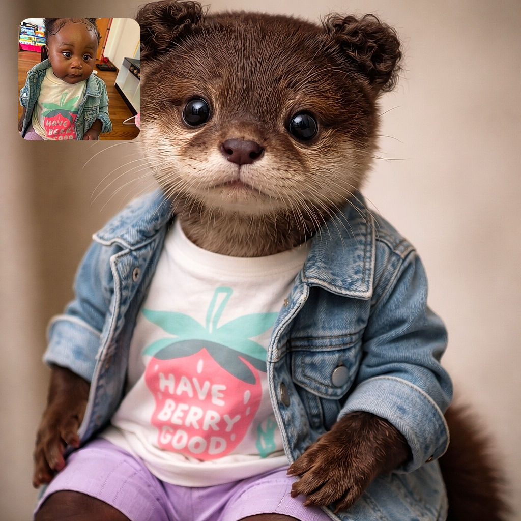 A curious toddler with adorable baby hairs styled in a classroom setting, sporting a denim jacket and a playful strawberry-themed shirt that says 'Have Berry Good'. The background shows colorful books and educational decorations, creating a warm and lively environment.