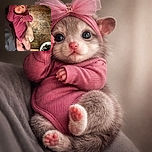 A tiny diva in pink with a sparkly bow, pursing an adorable 'o' face while being held over a tile runway — part model, part potato, all charm.