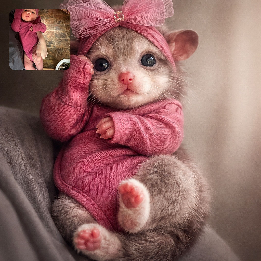 A tiny diva in pink with a sparkly bow, pursing an adorable 'o' face while being held over a tile runway — part model, part potato, all charm.