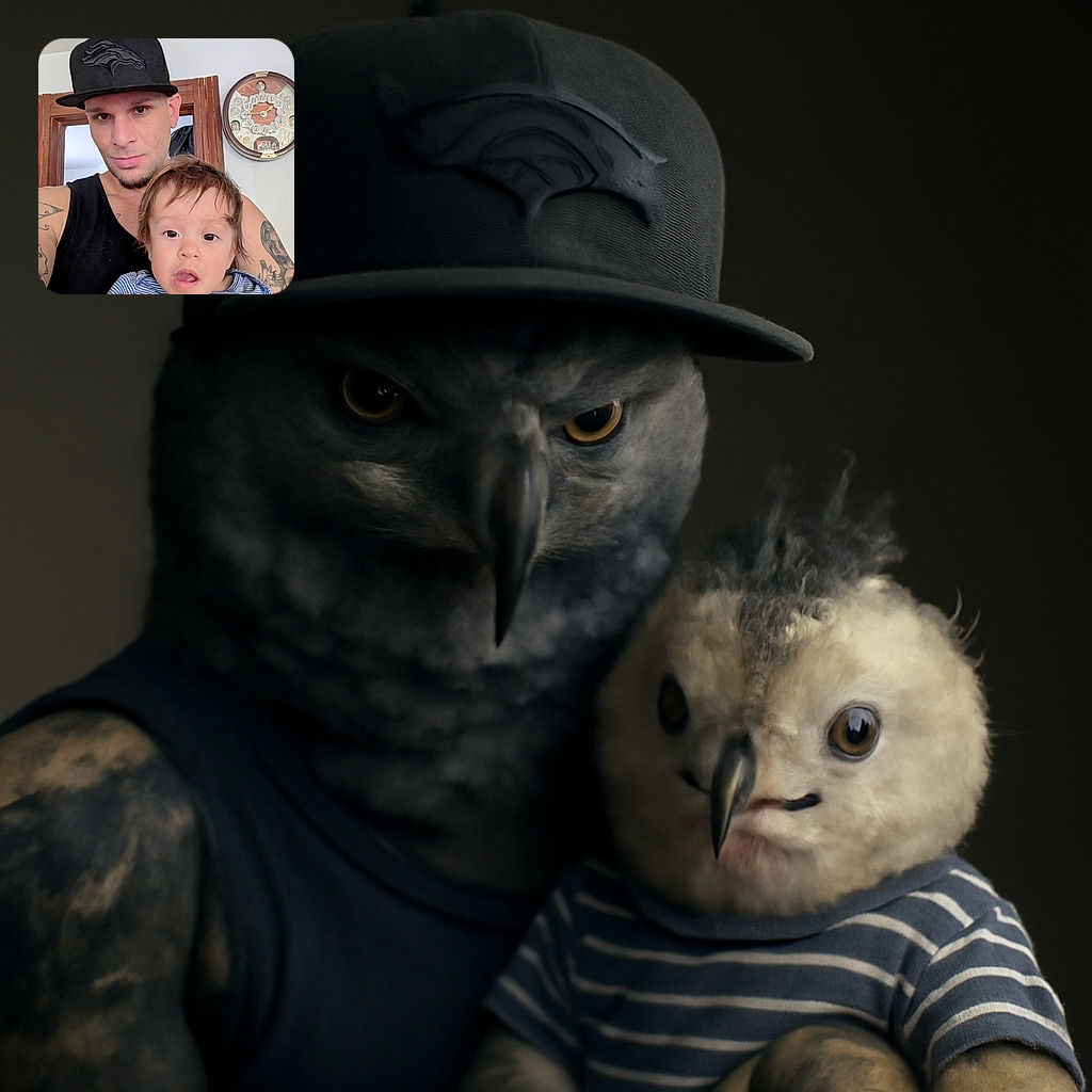 A man wearing a black tank top and a black cap with a horse logo holds a baby dressed in a blue and white striped shirt. Both faces are clearly visible, with the baby looking curiously at the camera while the man smiles gently. The background shows a wooden door frame and a decorative clock on the wall.