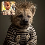 A cute toddler with curly hair and a striped shirt looks curiously downwards, framed by a cozy living room with a floral wallpaper and a comfy gray armchair.